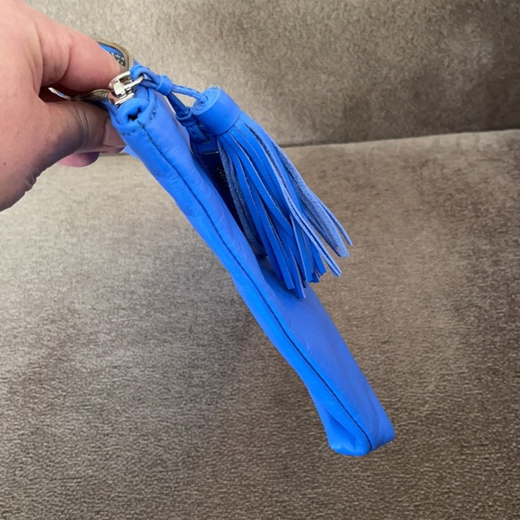 Loeffler Randall Large Blue Leather Zip Top Tassel Pouch Clutch Bag Bright Blue - Picture 6 of 8